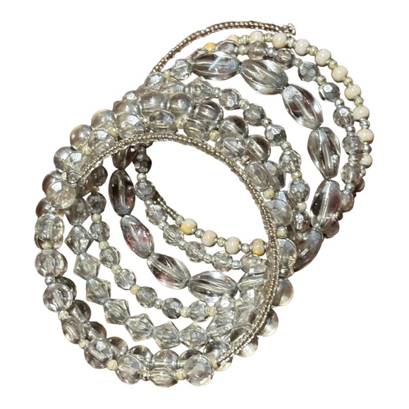 Silver/Tan Women's Shimmery Seven Row Beaded Spiral Bracelet - Picture 7 of 14